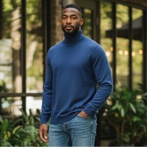 CLUB MONACO Men’s Cashmere Blend Turtleneck Sweater Blue Xl Quiet Luxury